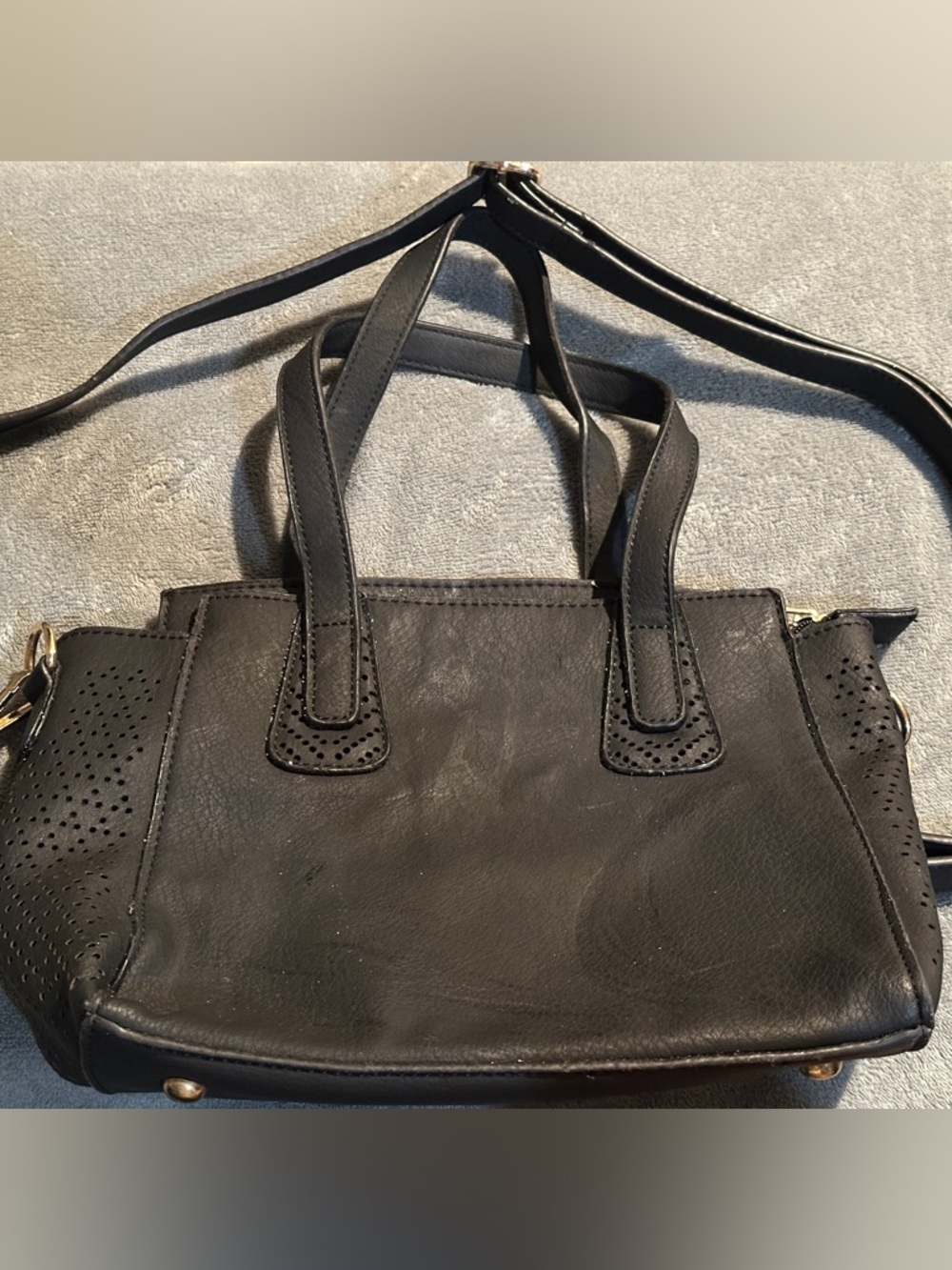 Black Leatherette Women's Satchel Handbag with Perforated Side Detail